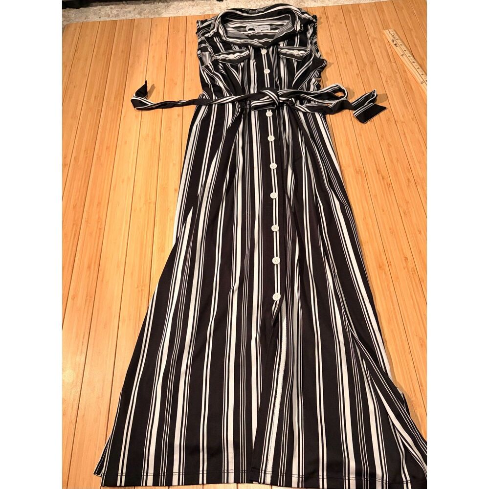Emma & Michele Black White Striped Button Front Maxi Dress Belted Size 10